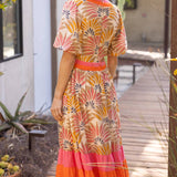 Summer Palm Print Contrast Color Block Midi Dress