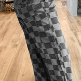 Solid Color Checkered Denim Wide Leg Jeans