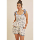 Floral Print Cotton Linen Shorts with Contrast Hem