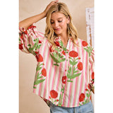 Stripe Flower Printed Woven Bubbled Sleeves Button Blouse