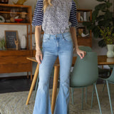 Mixed Pattern Fuzzy Striped Puff Sleeve Top