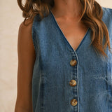 Button Front Sleveless Denim Romper