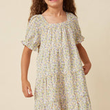 Girls Ditsy Floral Square Neck Tiered Mini Dress | Lavender