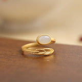 Dainty Gold Jade Agate Feather Bypass Ring: 3 Colors