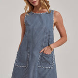 Sleeveless Stripe Denim Mini Dress with Scalloped Embroidery