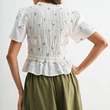 Embroidered Cotton Peplum Blouse with Pleats