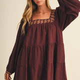 Square-Neck Embroidered Tiered Mini Dress
