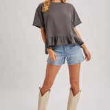 Ruffled Peplum Hem Boxy Swing Knit Tee