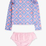 Girls Tropical Trellis Flutter Long Sleeve Rash Guard Skirted 2-Piece Swimsuit: Blue