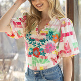 Ralley Ruffled V Neck Floral Embroidery Top