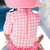 Bubblegum Pink Gingham Long Sleeve One Piece Rash Guard Swimsuit