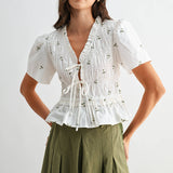Embroidered Cotton Peplum Blouse with Pleats