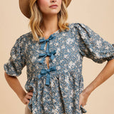 Bow Accent Floral Top - Deep Sea Blue