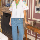 Floral Embroidered Raglan Sleeve Piping Top
