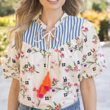 Floral And Stripe Mixed Tassle Front Top: Ivory