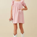 Girls Patch Pocket Square Neck Ruffled Dress