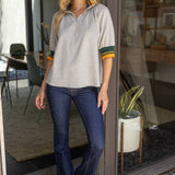 Alicia Quarter Zip Striped Elastic Band Blouse