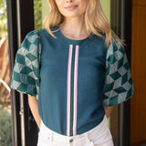 Geometric Jaquard Bubble Sleeve Striped Trim Front Top: Green