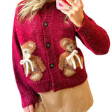 Teddy Bear Patterned Buttoned Knit Sweater Cardigan