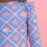 Girls Tropical Trellis Flutter Long Sleeve Rash Guard Skirted 2-Piece Swimsuit: Blue