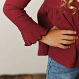 Kids Burgundy Wine Long Sleeve Lettuce Trim Ribbed Shirt