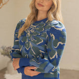 Pleated Long Puff Sleeve Floral Print Sweater Top