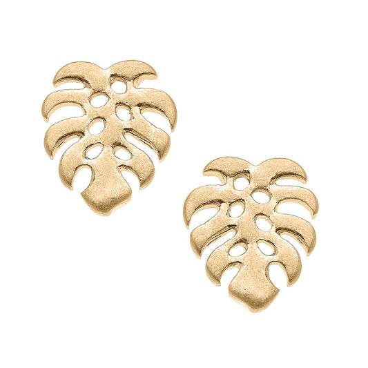 Monstera Leaf Stud Earrings in Worn Gold