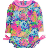 Baby Girls Neon Ocean Coral Long Sleeve One Piece Rash Guard Swimsuit with Signature Rear Ruffles