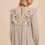 Embroidered Ruffle Shoulder Blouse - Olive