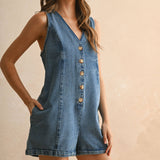 Button Front Sleveless Denim Romper