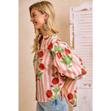 Stripe Flower Printed Woven Bubbled Sleeves Button Blouse