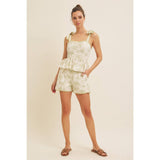 Floral Print Cotton Linen Shorts with Contrast Hem