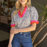 Zelly Double Contrast Ruffle Detailed Animal Printed Knit Blouse