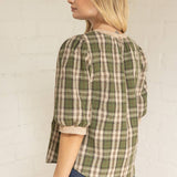 Suede Accent Banded Crinkled Plaid Top