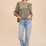 Embroidered Ruffle Shoulder Blouse - Olive