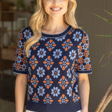 Short Puff Sleeve Floral Abstract Knit Top