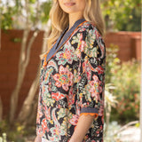 Suzanne Wavy Trim Detailed Floral Stripe Mixed Blouse