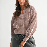 Washed Brown Cable Knit Cardigan