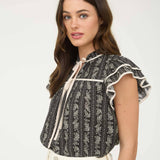 Stripe Floral Pattern Tie Front Ruffle Top