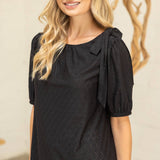 Shoulder Bow Detail Solid Eyelet Knit Top