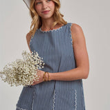 Sleeveless Stripe Denim Mini Dress with Scalloped Embroidery