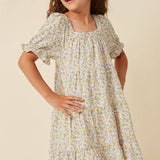 Girls Ditsy Floral Square Neck Tiered Mini Dress | Lavender