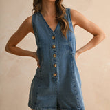 Button Front Sleveless Denim Romper