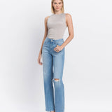 High Rise Distressed Slim Wide Leg Jeans