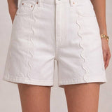 Game Day Mid Rise Color Denim Shorts with Scallop Front Seam: Multiple Colors