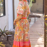 Summer Palm Print Contrast Color Block Midi Dress