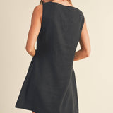 Linen Square Neck Pattern Mini Dress | Black