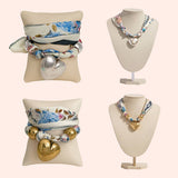 Heart and Dual Beads Pendant Scarf Gold Necklace