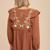 Embroidered Ruffle Shoulder Blouse - Olive