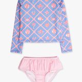 Girls Tropical Trellis Flutter Long Sleeve Rash Guard Skirted 2-Piece Swimsuit: Blue